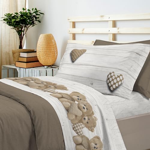 PENSIERI DELICATI Juego de sábanas de 1 Plaza y Media - 100% algodón - Juego de sábanas de 120 x 200 cm - Incluye sábana Bajera, encimera y 1 Funda de Almohada - Made in Italy - Fantasía de Osos
