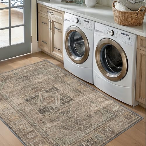 GENIMO 3x5 Vintage Area Rug, Machine Washable, Non Slip & Low Pile Lightweight for Living Room, Entryway, Bedroom, Kitchen, TAN
