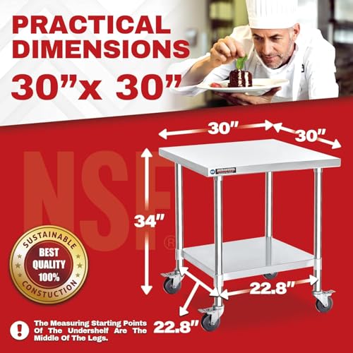 Image of DuraSteel 30x30 NSF Stainless Steel Cart Work Table - Heavy Duty Rolling Food Prep Table Countertop Island - Metal Utility Cart on Wheels Caster, Grill Stand Storage Outdoor Kitchen Tables Bar Top