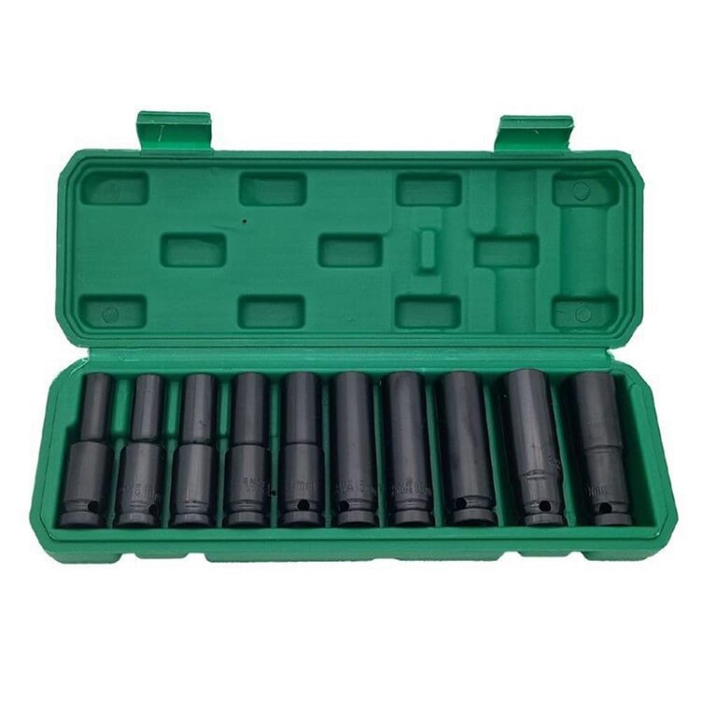 Littimoon 10Pcs 8-17mm 1/2 Inch Electric Wrench Socket Head Pneumatic Socket Lithium Electric Wrench Hexagon Opening Lengthened Black
