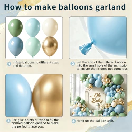 Image of Baby Shower Sage Green Dusty Blue and White Balloon Garland Kit 144 Pcs