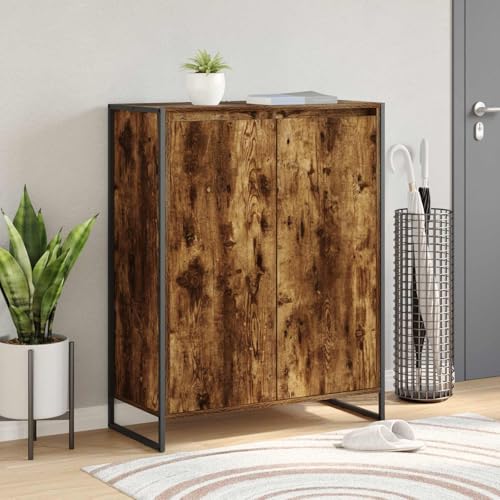 Zapatero con puerta, color ahumado, de madera, 79 x 36 x 100 cm, moderno armario multiusos con espacio de almacenamiento para pasillo y salón, ahorra espacio y es resistente, ideal para organizar el