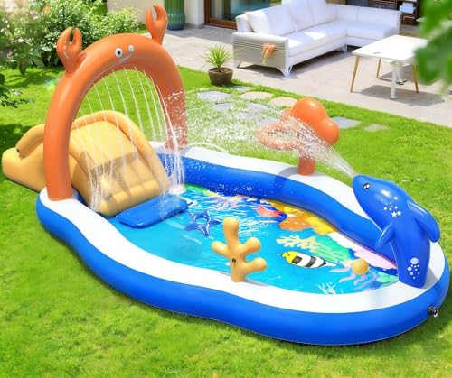 StarOcean 2026 Large Inflatable Play Center,Pool with Water Slide&Sprinkler,100''x50 x40''Inflatable Pool with Slide,Blowup Water Play,Inflatable Water Park for Backyard