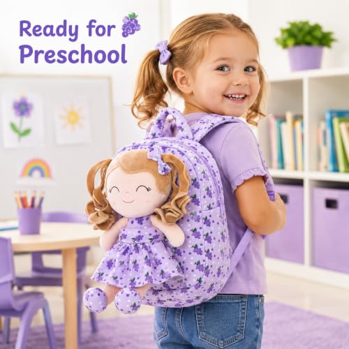 Image of Gloveleya Toddler Backpack Baby Girl Gifts Curly Hair Plush Figures Dress Backpack Kids Backpack Curly Hair Spring Girl Fruit - Grape 9inches