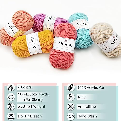 Image of NICEEC 300g Soft Assorted Colors Yarn - Sport Weight,100% Acrylic, 4 Ply, Bonbons Yarn for Crochet & Knit, DIY Project Starter Kit for Kids or Adults(Total 870yds) - Series 14