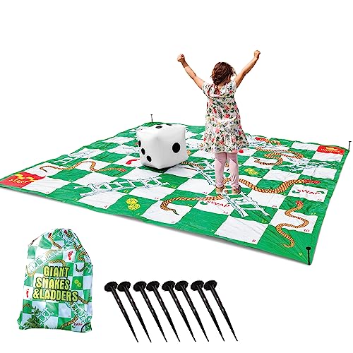 Image of Upper Midland Products Giant Snakes & Ladders Game 9.8 x Foot Life Size Playing Mat with 8 Ground Pegs A Large Inflatable 15'' Dice, Storage Carrying Bag - Yard Games for The Whole Family