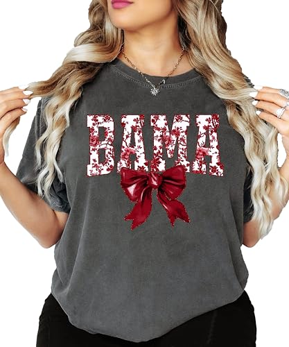 Bama Red Floral Bow Shirt for Women & Teens Trendy Alabama School Sports Fan Tee - Main Image