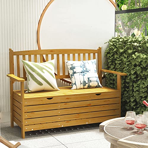 Timechee Outdoor Storage Bench Large Deck Box, 45 Inch Patio Wood Loveseat Benches, Garden Seating Furniture With Storage Space For Tools & Pool Toys For Deck, Porch & Balcony, Yellow #TOP2