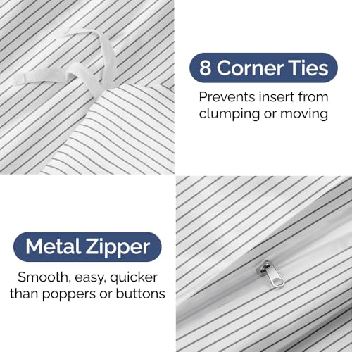 Image of Duvet Cover Queen Size - Stripe Duvet Cover Set - 3 Piece - Grey Stripe | Soft Stripe Duvet Cover 90 x 90 with 2 Pillow Shams, Comfy Stripe Bedding Set, Hotel Luxury with Zipper Closures & Ties