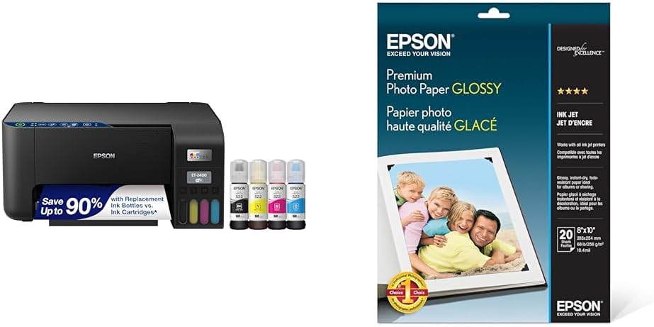 Epson EcoTank ET-2400 Wireless Color All-in-One Cartridge-Free Supertank Printer & Premium Photo Paper Glossy (8x10 Inches, 20 Sheets) (S041465),White
