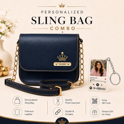 Image of SAVRI Personalized Rakhi Gift for Sister | Customized Leather Sling Bag with Name & Charm and Spotify Photo Keychain with Favourite Song, Personalised Gift Combo for Sister, Behan, Didi- Bro Sis Gift