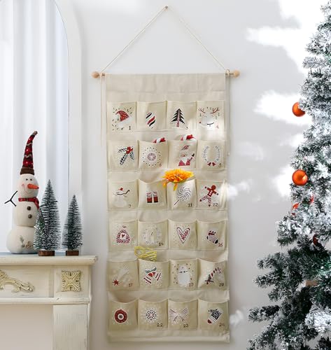 MONOBLANKS Fabric Christmas Advent Calendar with Pockets,Reusable Natural 24 Days...