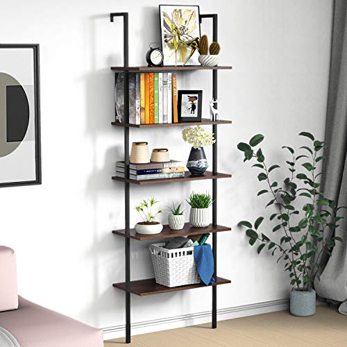 UVII Ladder Shelf Bookshelf, 5 Tier Wall-Mounted Industrial Ladder Bookcase Wood Look Plant