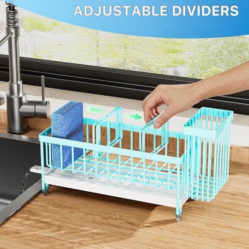 Image of Cisily Sponge Holder for Kitchen Sink, Sink Caddy Organizer with High Brush Holder, Kitchen Countertop Organizers and Storage Essentials, Rustproof 304 Stainless Steel (Turquoise, 9.25″)
