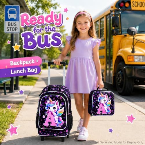 Image of CCJPX 18 inch Unicorn Rolling Backpack for Girls, 3Pcs Kids Wheeled Bookbag with Lunch Box, Lightweight Roller School Bag for Elementary Preschool (Black)