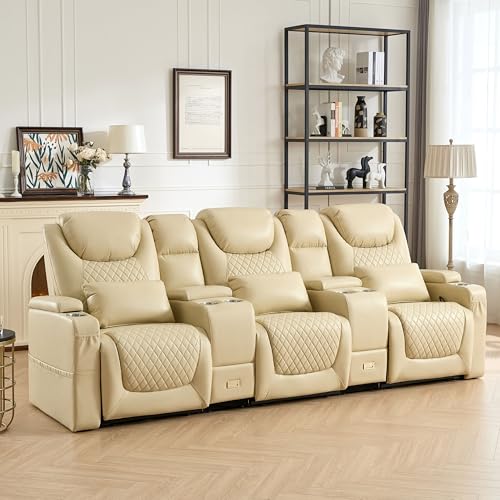 Attliahome Home Theater Seating, Recliner Sofa PU Leather with Central Console and 3 Pillows, Wall Hugger Recliners & 135° Reclining Theater Seats (Row of 3,Beige)