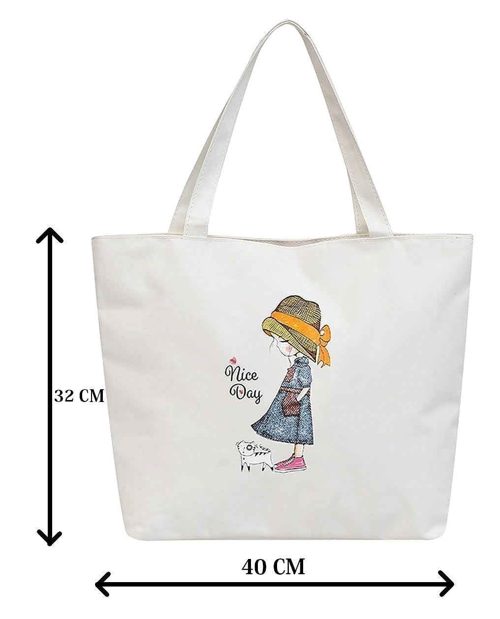 K2P Classic Tote Bags For Women Girls Canvas Handbag Zipper Large Capacity Fashion Bag For College Office - Nice Day Girl Print 1