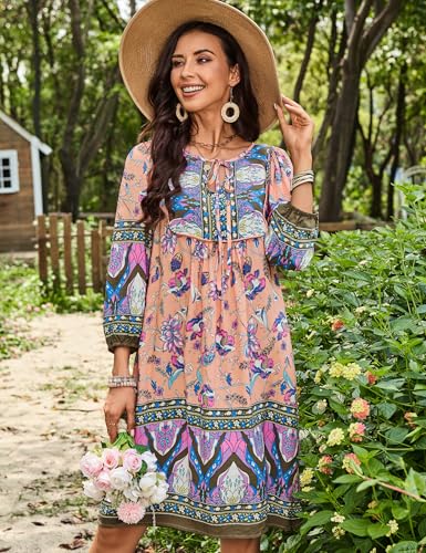 Image of Bluetime Women Casual Summer Dress Boho V Neck 3 /4 Sleeve Babydoll Floral Print Flowy Beach Dress