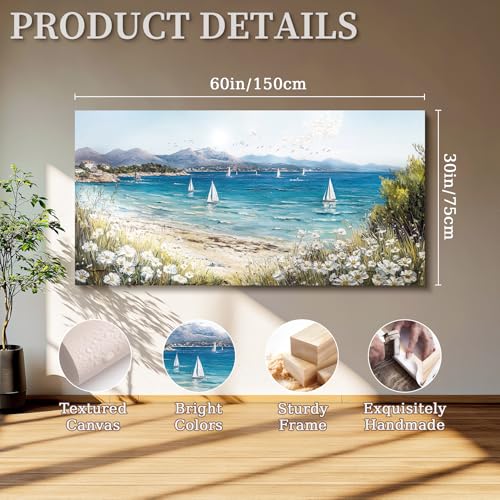 SERIMINO Beach Landscape Wall Art, Seaside Scenery Extra Large Canvas Wall Pictures, Wildflower Nature Decor Painting, Bright House Decorations Living Room Bedroom Rustic Wall Decor Art Prints 30"X60"