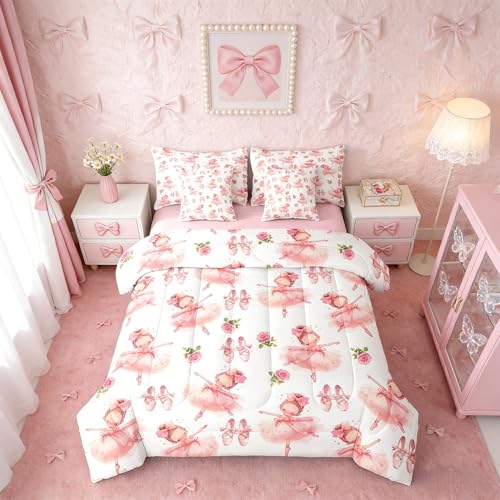 Erosebridal Ballet Girls Dance Theme Pink White King 7-Piece Comforter Set | Flowers Kawaii Bow Sheets and Pillowcases Floral Cute Bowknot Shoes Bed in A Bag Dancing Kids Bed Sets
