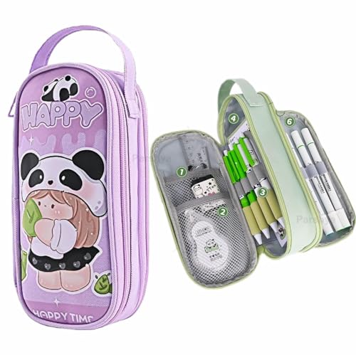 Image of Invite Two Layer Six Slot Premium Canvas Pencil Pouch for School Girls and Boys, Cute Aesthetic Stationery Items Kit Case, Large Capacity Stationary Pencil Box for Kids Gifts (Purple Happy Time)