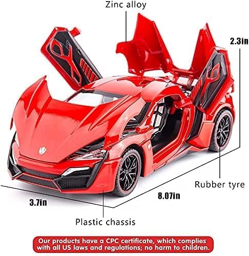 Image of 1:24 Scale Lykan Hypersport Diecast Model Toy Car, Alloy Metal Pull Back Vehicle for Kids, Openable Doors, Lights & Music, Big Size Toy Car for Boys & Girls (Red)