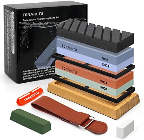 TONAHUTU Knife Sharpening Stone Set, Professional 4 Side Grit 400/1000 3000/8000 Premium Whetstone Knife Sharpener with 150/320 Flattening Stones, Leather Strop, Polishing Combination & Angle Guide