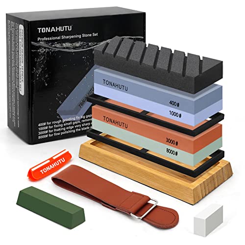 Tonahutu Knife Sharpening Stone Set, Professional 4 Side Grit 400/1000 3000/8000 Premium Whetstone Knife Sharpener With 150/320 Flattening Stones, Leather Strop, Polishing Combination & Angle Guide #TOP21