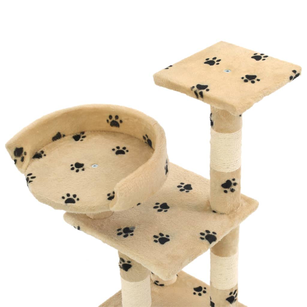 Katzenkratzbaum 65 cm Kleiner Kratzbaum Fuer Katzen mit Sisal-Kratzsaeule und Spielball - Kletterbaum mit Aussichtsplattform, Pfoten-Muster Beige