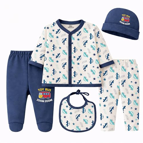 Image of Kidbee Baby Clothing Gift Set for Boys & Girls, 5 Piece Newborn Clothing Combo with Front Open Top, Pajama, Printed Pant, Cap & Bib, Soft Cotton, 0-6 Months Baby