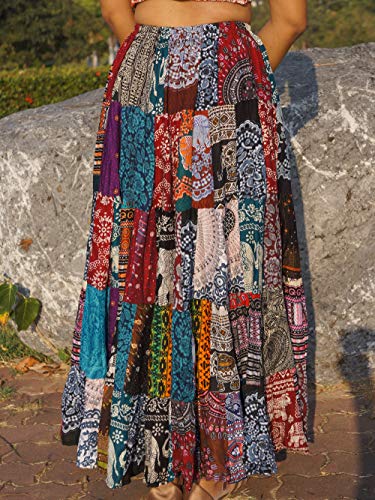 Patchwork Skirt Long Boho Colorful Unique Gypsy Tiered Maxi Full Flared Rayon, Multicoloured, Large3