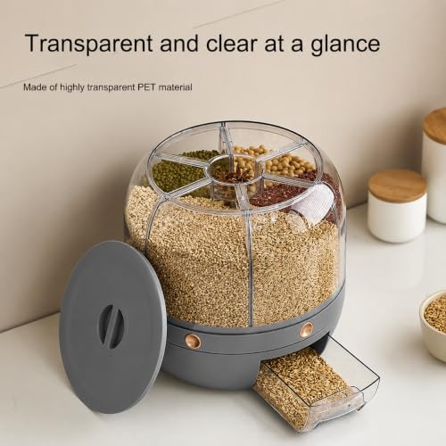 Image of YAGVIZ Rotating Grain Storage Bin 6 Grids Rice Container One-Click Output Large Capacity Food Dispenser For Rice Grains Sealed Moisture Proof Organizer
