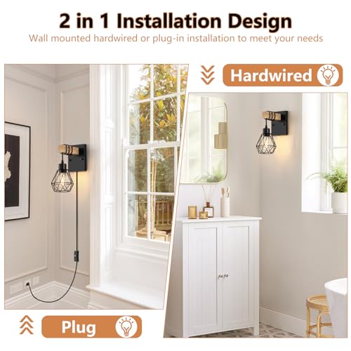 Image of Lomoky Plug in Wall Sconces Set of Two, Vintage Wood Wall Lamps with Plug in Cord, Farmhouse Wall Light Fixture with 5.25FT On /Off Switch Cord, Indoor Sconces Lighting for Bedroom Living Room