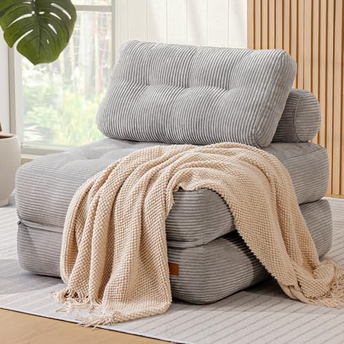 UODERS Divano letto 3 in 1 – Divano da pavimento pieghevole per piccoli spazi, letto degli ospiti e poltrona lounge – schiuma ad alta densità, tessuto moderno – mobili da soggiorno compatto (grigio