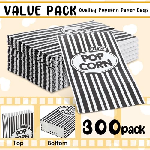 Image of Potchen 200 Pcs Paper Popcorn Bags Bulk 2 oz Large Individual Serving Popcorn Bag Flat Bottom Disposable Container Vintage for Movie Night Themed Summer Back to School Party Carnival (Black)