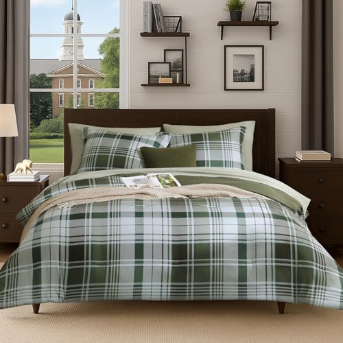 Image of MaiReve Plaid Queen Comforter Sets Olive Green, Classic Farmhouse Bedding Set Bed in a Bag 7 Pieces, Lightweight All Season Comforter Set with Fitted & Flat Sheet, Pillowcases & Shams