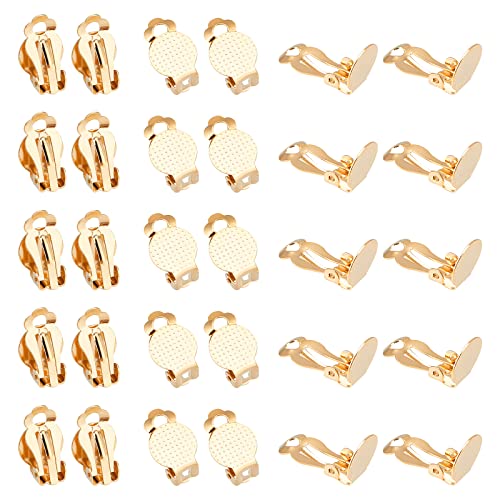 UNICRAFTALE 30pcs Golden Clip-on Earring Findings with Flat Round Tray Stainless Steel Clip-on Earring Components Non-Pierced Earrings for DIY Jewelry Making
