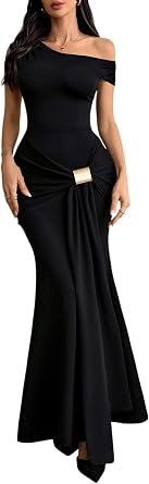GothDark Womens Elegant Ruched One Shoulder Mermaid Bodycon Maxi Dress | Adjustable Buckle Detail, High Stretch Fabric, Maxi Length, Asymmetrical Hem Dress for Formal Evening, Cocktail Party