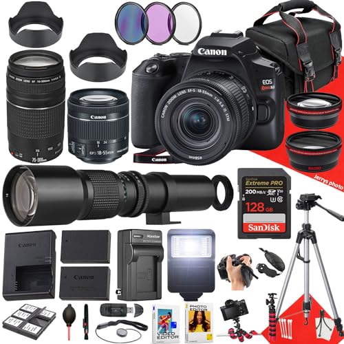 Canon EOS Rebel SL3 DSLR Camera with EF-S 18-55mm f/4-5.6 is STM, EF 75-300mm f/4-5.6 III and 500mm f/8.0 Preset Telephoto Lens + 128 GB Memory + Filters + More (37pc Bundle) (Renewed)