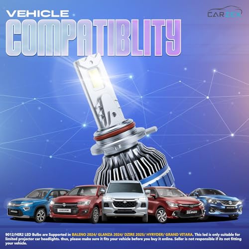 Image of Carzex AI Smart App Controlled 9012 LED Projector Headlight Bulbs 250W /18,000 LM, 6500K Cool White, Super Bright LED for Grand Vitara /Hyryder, Baleno /Glanza, New Dzire Models (2pc)