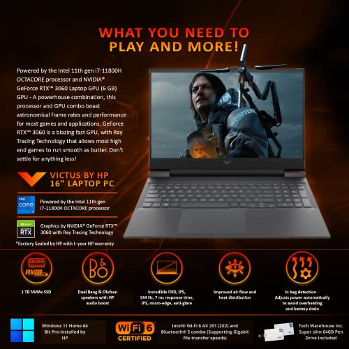 Image of HP Victus 16 Laptop Mica Silver Intel Core i7- 11800H, 16 GB RAM, 1 TB SSD, 16.1 inch 144Hz 300 Nits FHD, 6GB Nvidia GeForce RTX 3060, Windows 11 Home Adv, Wi-Fi 6, 4 Cell, B&O Audio, 64 GB TW Pen Drive
