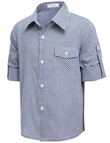 Arshiner Boy's Plaid Button Down Shirt Long Sleeve Roll Up Casual Shirts with Pocket 4-11 Years