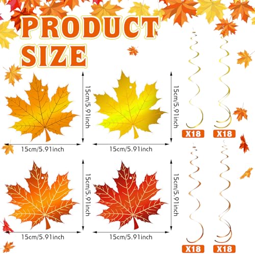 Image of 72 Pcs Fall Thanksgiving Hanging Decoration Maple Leaves Swirl Autumn Party Decoration Autumn Ceiling Decor Foil Orange Leaves Streamers for Home Office Classroom Harvest Party Supplies