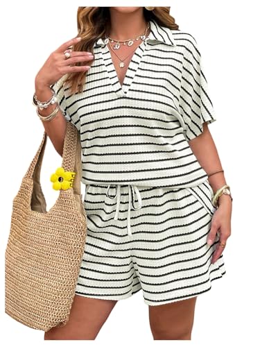 SOLY HUX Womens Plus Size Summer Outfits Short Sleeve Top and Shorts 2 Piece Sets for Curvy Women Apricot Striped 3X-Large Plus