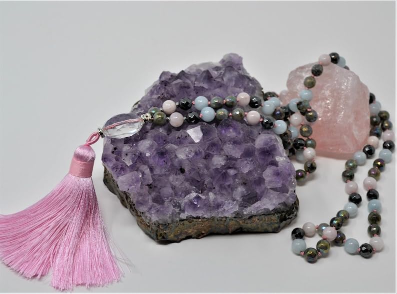 Naturalny labradoryt, akwamaryn, kunzyt, hematyt 8 mm-5 x 2 mm, 108 koralików mala, duchowe, koraliki do medytacji, Reiki, Japa Mala, buddyjskie koraliki modlitewne, bransoletka do jogi, koraliki