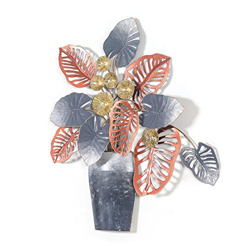Adeco 19 inch Metal Leaf Wall Decor in Vase Home Wall Art Sculptures Decorations for Living Room, Bedroom,