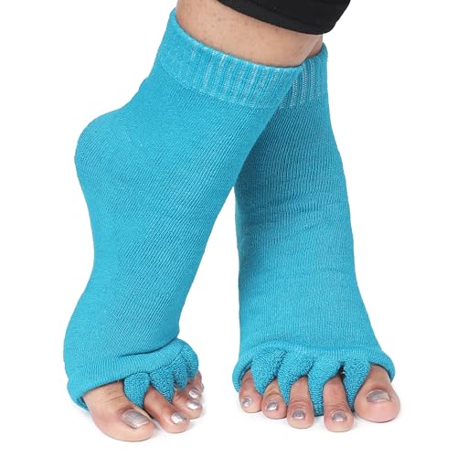Image of Aegon Foot Alignment Socks Cotton | 5 Toe Separator | For Foot Pain Relief | Bunion Corrector | Hallux Valgus | Plantar Fasciitis | 1 Pair (Blue)