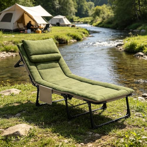 Image of DOLPHY Portable Folding Camping Cot Bed for Sleeping with Soft Cushion 6.2 Feet with Headrest 6-Position Adjustable Backrest & Side Pocket for Home,Office,Camping and Travel (Upto 120 KG)