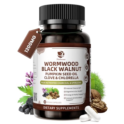 Lukaree Wormwood Black Walnut Cleanse for Human 1200mg – Ultra Gut Cleanse & Digestive Health w/Pumpkin Seed Oil,Clove,Activated Charcoal -10X Concentrated, Men & Women Probiotic Capsules -Vegan,60 CT