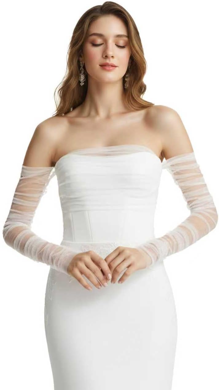 Long Wedding Tulle Gloves – White Pearl Bridal Elbow Length Summer Fingerless Gloves for Women and Girls